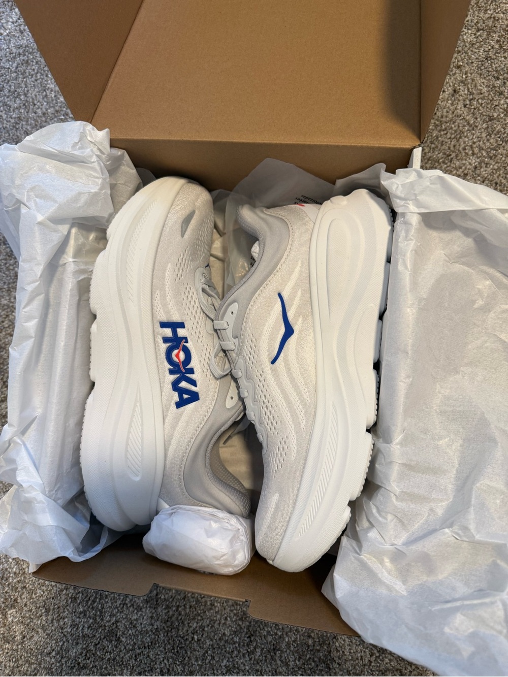Men’s Hoka Bondi White Sneakers with Blue Logo (Size 9)
